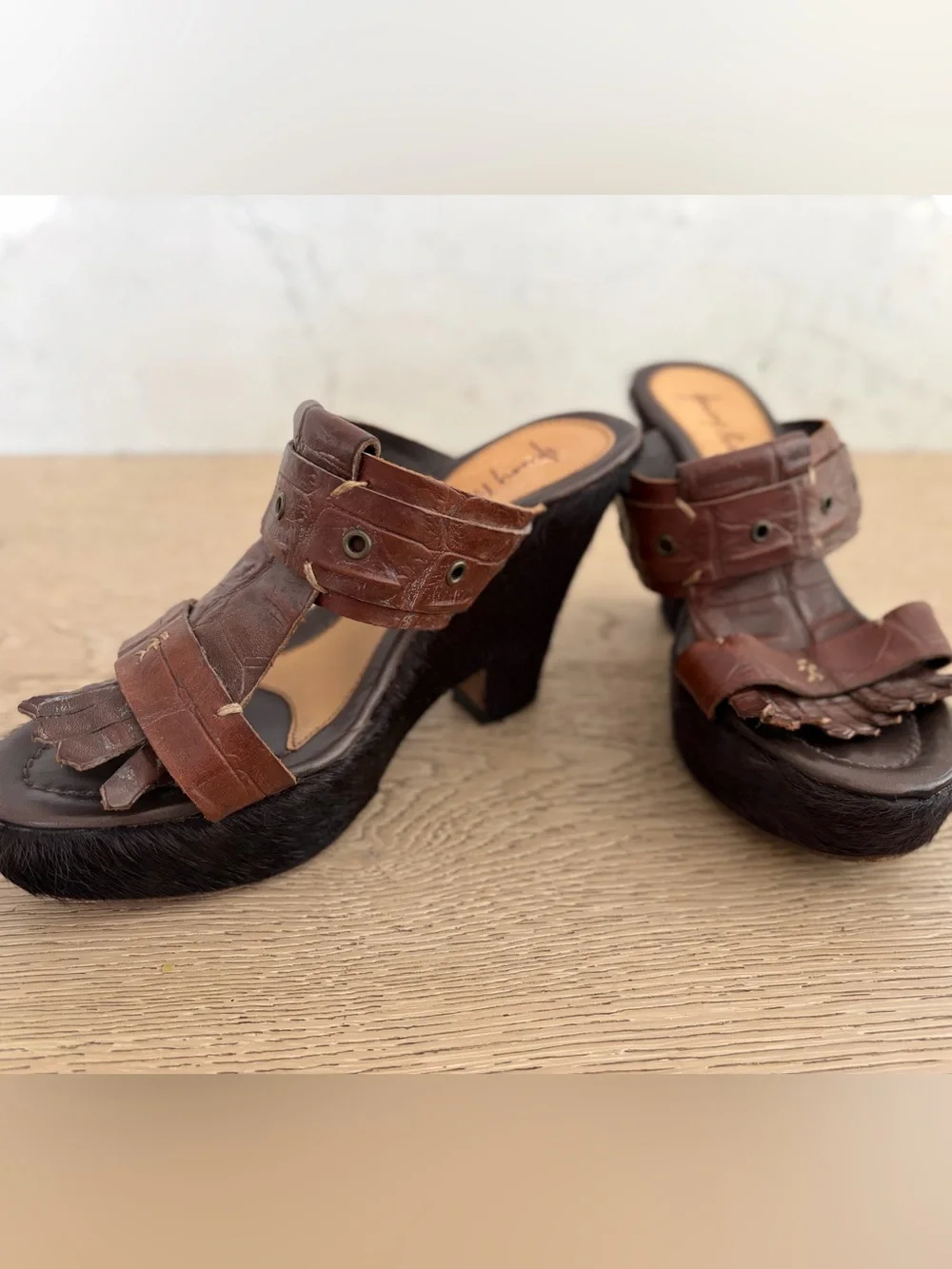 Henry Beguelin Made in Italy Pony Hair And Brown Leather Platform Wedge Mules
